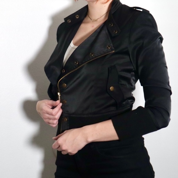 Gold Buttoned Silky Black Biker Jacket - Picture 4 of 16